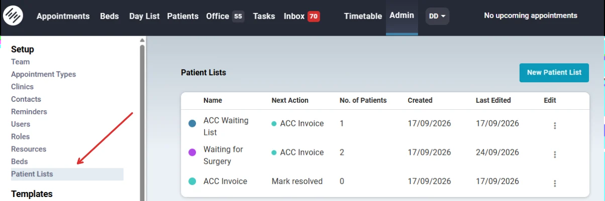 Patient Lists in Admin Setup