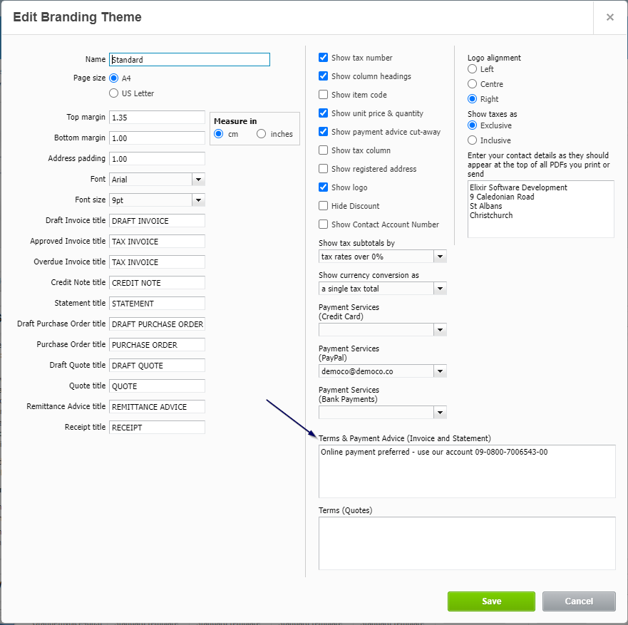 Xero Terms and Payments